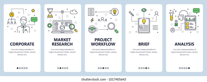 Vector set of vertical banners with Corporate, Market research, Project workflow, Brief, Analysis concept website templates. Modern thin line flat style design elements for web, print.