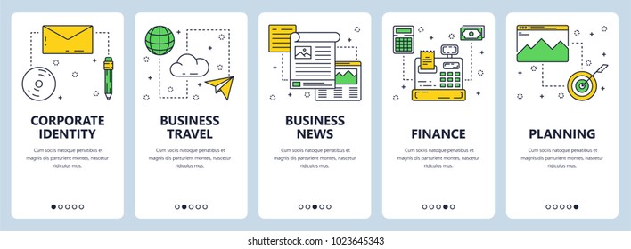 Vector set of vertical banners with Corporate identity, Business travel, Business news, Finance, Planning website templates. Modern thin line flat style design.