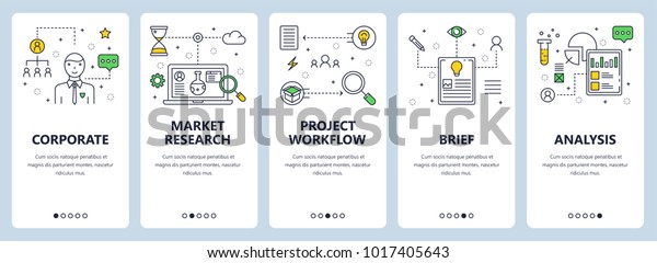 Vector\
set of vertical banners with Corporate, Market research, Project\
workflow, Brief, Analysis concept website templates. Modern thin\
line flat style design elements for web,\
print.