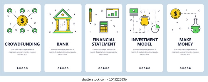 Vector set of vertical banners with Crowdfunding, Bank, Financial statement, Investment model, Make money website templates. Modern thin line flat style design.