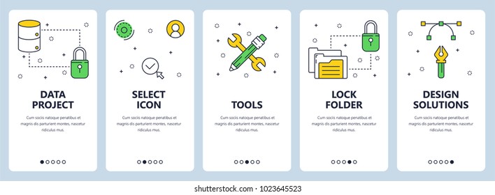 Vector set of vertical banners with Data project, Select icons, Tools, Lock folder, Design solutions website templates. Modern thin line flat style design.