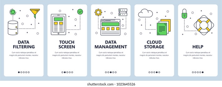Vector set of vertical banners with Data filtering, Touch screen, Data management, Cloud storage, Help concept website templates. Modern thin line flat style design.