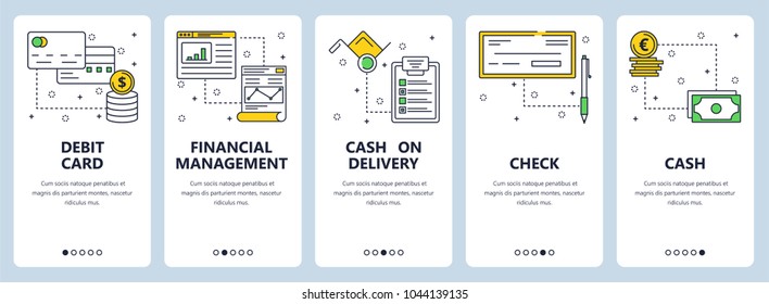 Vector set of vertical banners with Debit card, Financial management, Cash on delivery, Check, Cash website templates. Modern thin line flat style design.