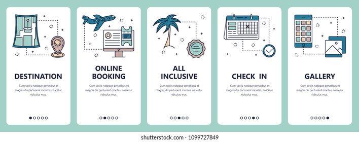 Vector set of vertical banners with Destination, Online booking, All inclusive, Check in, Gallery website and mobile app templates. Modern thin line flat style design.