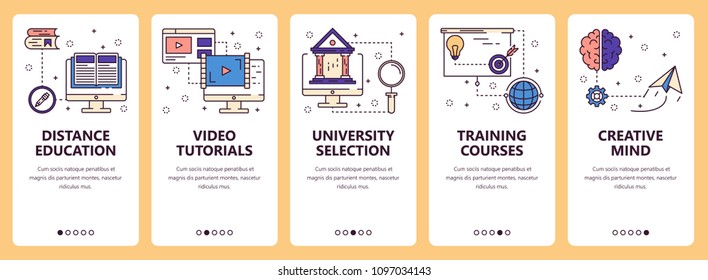 Vector set of vertical banners with Distance education, Video tutorials, University selections, Training courses, Creative mind website and mobile app templates. Modern thin line flat style design.