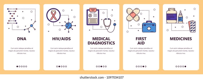 Vector set of vertical banners with DNA, HIV AIDS, Medical diagnostics, First aid, Medicines website and mobile app templates. Modern thin line flat style design.