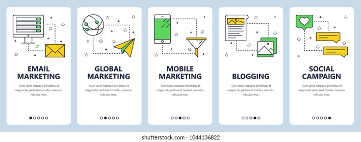 Vector set of vertical banners with email marketing, Global marketing, Mobile marketing, Blogging, Social campaign website templates. Modern thin line flat style design.