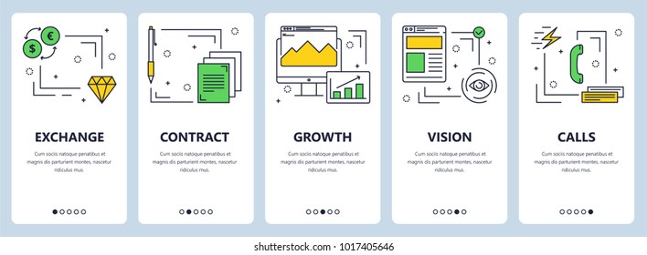 Conjunto de vectores de banners verticales con plantillas de sitio web de concepto Exchange, Contract, Growth, Vision, Call. Modernos elementos de diseño de líneas delgadas para web, impresión.