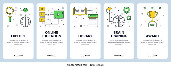 Vector set of vertical banners with Explore, Online education, Library, Brain training, Award website templates. Modern thin line flat style design.