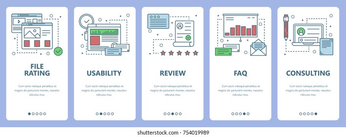 Vector set of vertical banners with File rating, Usability, Review, FAQ, Consulting concept web elements. Modern thin line flat symbols, icons for website menu, print.