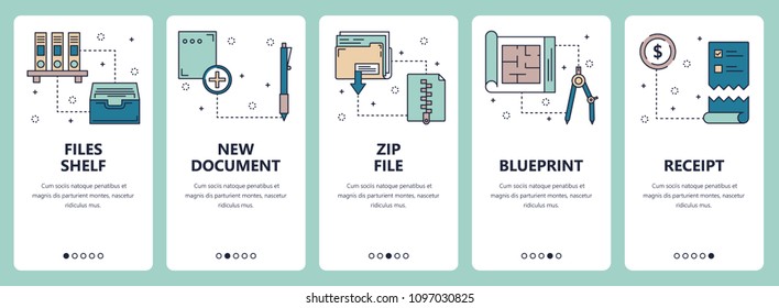 Conjunto de vectores de banners verticales con estante de archivos, Nuevo documento, archivo Zip, Blueprint, sitio web de recibos y plantillas de aplicaciones móviles. Diseño moderno de estilo plano y delgado.