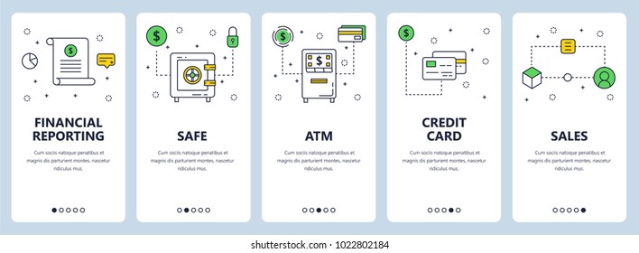 Vector set of vertical banners with Financial reporting, Safe, ATM, Credit card, Sales website templates. Modern thin line flat style design.