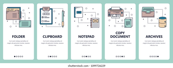 Vector set of vertical banners with Folder, Clipboard, Notepad, Copy document, Archives website and mobile app templates. Modern thin line flat style design.