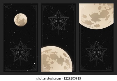 Vector set of vertical banners with full moon in night starry sky. Space background with Earth Satellite. Cards for design with white luminous heavenly body
