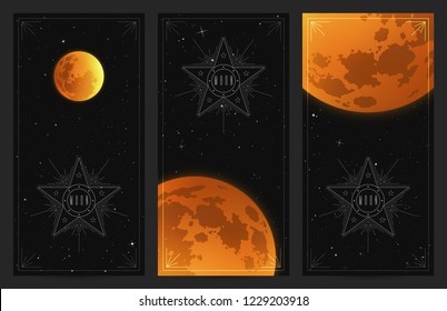 Vector set of vertical banners with full moon in night starry sky. Space background with Earth Satellite. Cards for design with yellow luminous heavenly body
