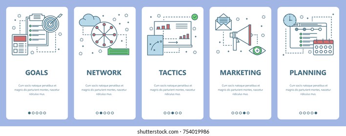 Vektorset von vertikalen Bannern mit Goals, Network, Tactics, Marketing, Planning Concept Web Elementen. Moderne flache Symbole, Symbole für das Menü der Website, Druck.
