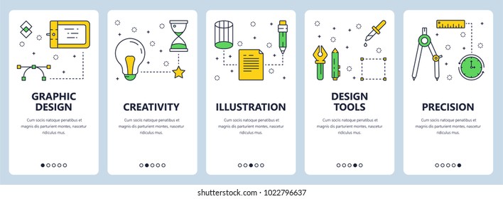 Vector set of vertical banners with Graphic design, Creativity, Illustration, Design tools, Precision website templates. Modern thin line flat style design.