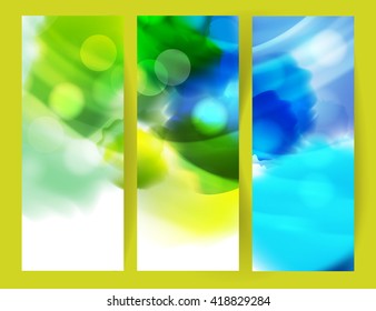 Vector set of vertical banners with  green and blue watercolor spots. The illustration contains effects. EPS10 
