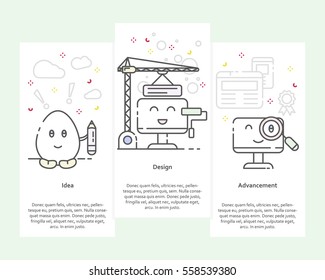 Vector set of vertical banners with Idea, Design and Advancement concept. 3 steps of creating design product or service. Thin line flat style elements, icons for web, marketing, presentation, printing