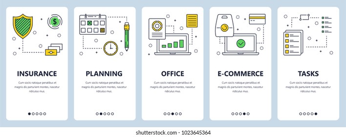 Vector set of vertical banners with Insurance, Planning, Office, E-commerce, Tasks website templates. Modern thin line flat style design.