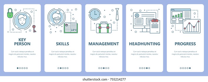 Vector set of vertical banners with Key person, Skills, Management, Headhunting, Progress concept web elements. Modern thin line flat symbols, icons for website menu, print.