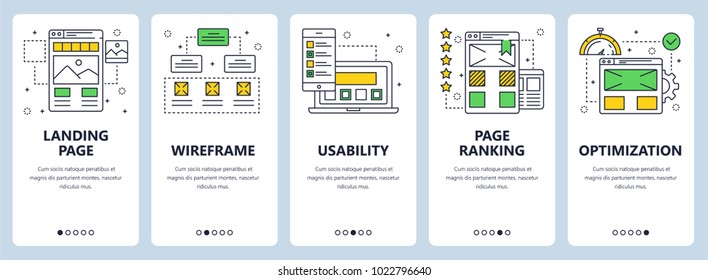 Vector set of vertical banners with Landing page, Wireframe, Usability, Page ranking, Optimization website templates. Modern thin line flat style design.