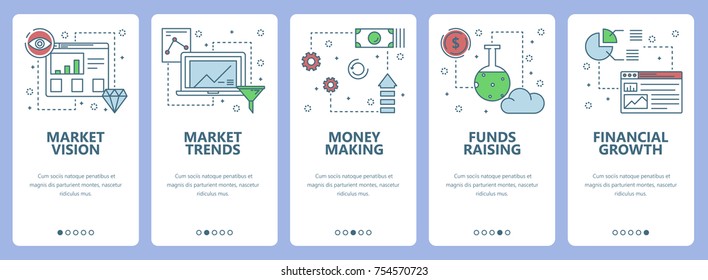 Vector set of vertical banners with Market vision, Market trends, Money making, Funds raising, Financial growth concept web elements. Modern thin line flat symbols, icons for website menu, print.