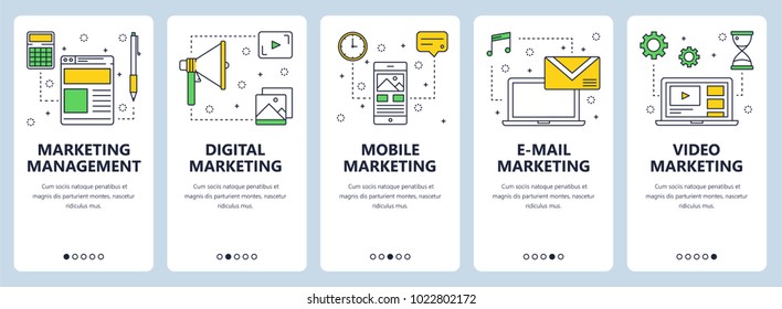 Vector set of vertical banners with Marketing management, Digital, Mobile, E-mail and Video Marketing website templates. Modern thin line flat style design.