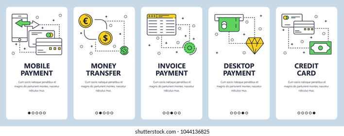 Vector set of vertical banners with Mobile payment, Money transfer, Invoice payment, Desktop payment, Credit card website templates. Modern thin line flat style design.