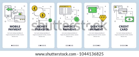 Vector set of vertical banners with Mobile payment, Money transfer, Invoice payment, Desktop payment, Credit card website templates. Modern thin line flat style design.