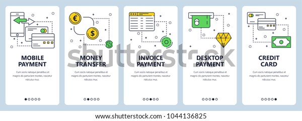Vector set of\
vertical banners with Mobile payment, Money transfer, Invoice\
payment, Desktop payment, Credit card website templates. Modern\
thin line flat style\
design.