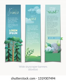 Vector set of vertical banners. Nature landscapes. Pine, firs, stones, leaves and grass. Flat background with modern grain texture. Copy space for your text in the sky.
