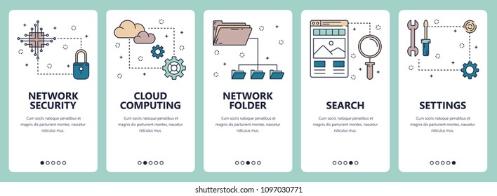 Vector set of vertical banners with Network Security, Cloud computing, Network folder, Search, Settings website and mobile app templates. Modern thin line flat style design.