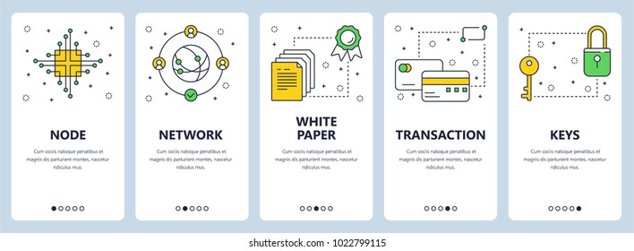 Vector set of vertical banners with Node, Network, White paper, Transaction, Keys concept website templates. Modern thin line flat style design.