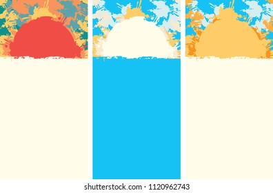 Vector set of vertical banners on the theme of summer holidays and travel with an abstract image of the sun and the sea with color spots and splashes. Background for summer poster, flyer or card