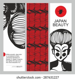 Vector set of vertical banners on japan beauty theme. Japanese woman in black and white graphic style. Set of vertical headers. Seamless pattern