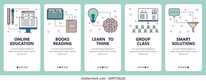 Vector set of vertical banners with Online education, Books reading, Learn to think, Group class, Smart solutions website and mobile app templates. Modern thin line flat style design.