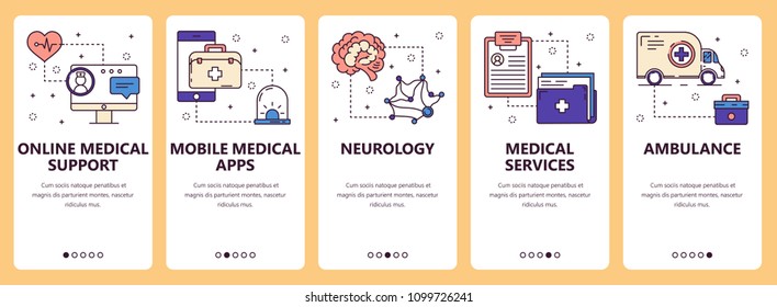 Vector set of vertical banners with Online medical support, Mobile medical apps, Neurology, Medical services, Ambulance website and mobile app templates. Modern thin line flat style design.