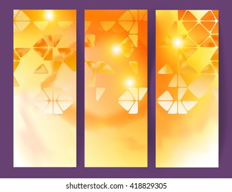 Vector set of vertical banners with orange watercolor spots and mosaic. The illustration contains effects. EPS10 