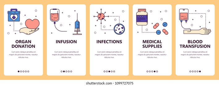 Vector Set Of Vertical Banners With Organ Donation, Infusion, Infections, Medical Supplies, Blood Transfusion Website And Mobile App Templates. Modern Thin Line Flat Style Design.