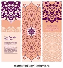 Vector set of vertical banners with ornamental elements in oriental style. Islam, Arabic, Asian motifs. Set of vertical headers 