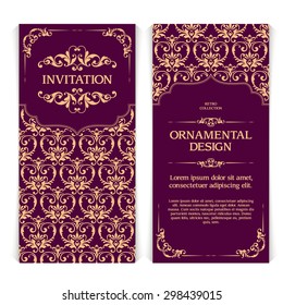Vector set of vertical banners with ornamental frame and seamless patterned background. Wedding invitation design, Greeting Card Template in Eastern style with gold pattern