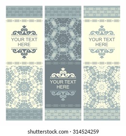 Vector set of vertical banners with ornamental elements in oriental style. Islam, Arabic, Asian motifs. Set of vertical headers