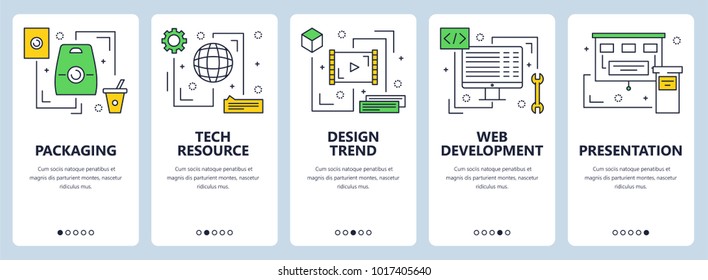 Vector set of vertical banners with Packaging, Tech resource, Design trend, Web development, Presentation concept website templates. Modern thin line flat style design elements for web, print.