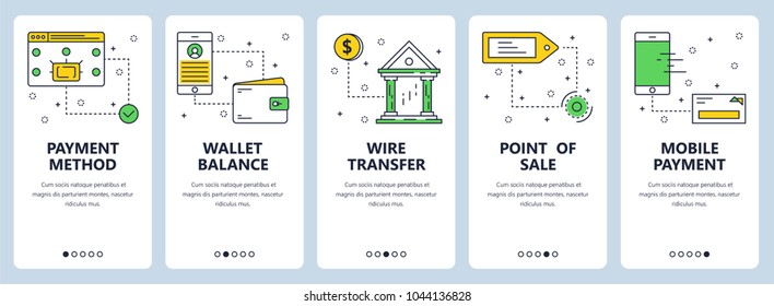 Vector set of vertical banners with Payment method, Wallet balance, Wire transfer, Point of sale, Mobile payment website templates. Modern thin line flat style design.