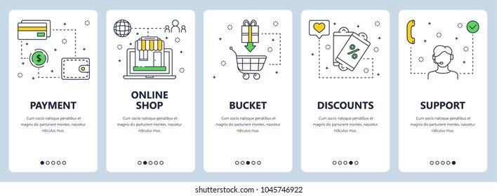 Vector set of vertical banners with Payment, Online shop, Bucket, Discounts, Support website templates. Modern thin line flat style design.
