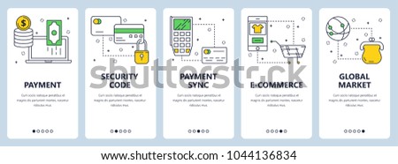 Vector set of vertical banners with Payment, Security code, Payment sync, e-commerce, Global market website templates. Modern thin line flat style design.