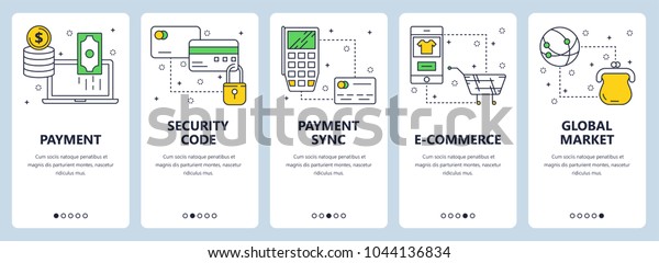 Vector set of vertical banners with\
Payment, Security code, Payment sync, e-commerce, Global market\
website templates. Modern thin line flat style\
design.