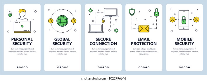 Vector set of vertical banners with Personal security, Global security, Secure connection, Email protection, Mobile security website templates. Modern thin line flat style design.