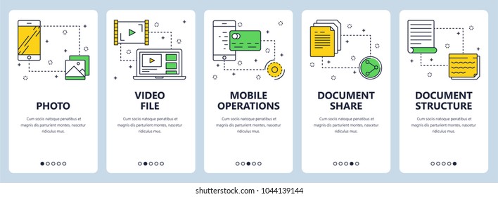 Vector set of vertical banners with Photo, Video file, Mobile operations, Document share, Document structure website templates. Modern thin line flat style design.